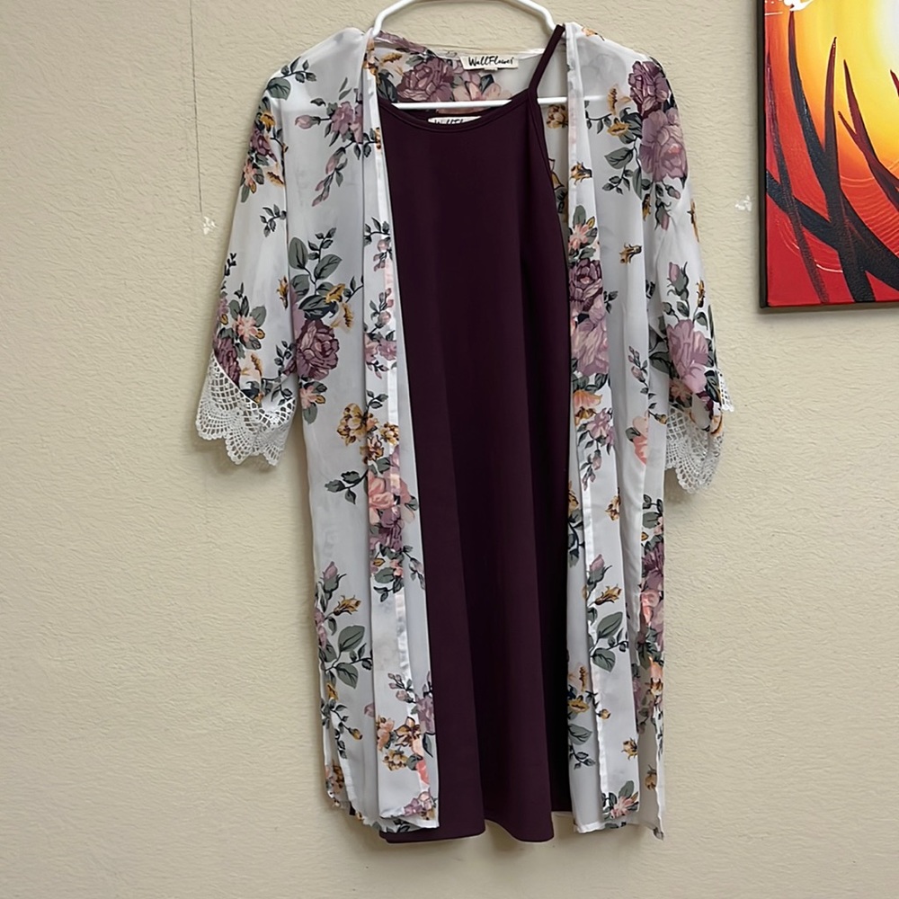 Purple flowy dress with floral cardigan